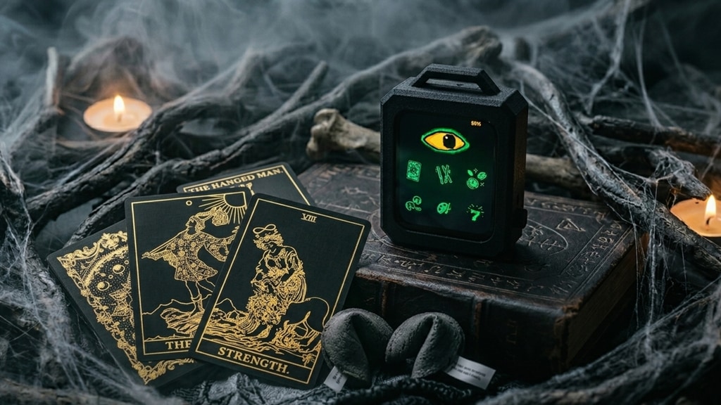 Karmi handheld fortune device beside tarot cards