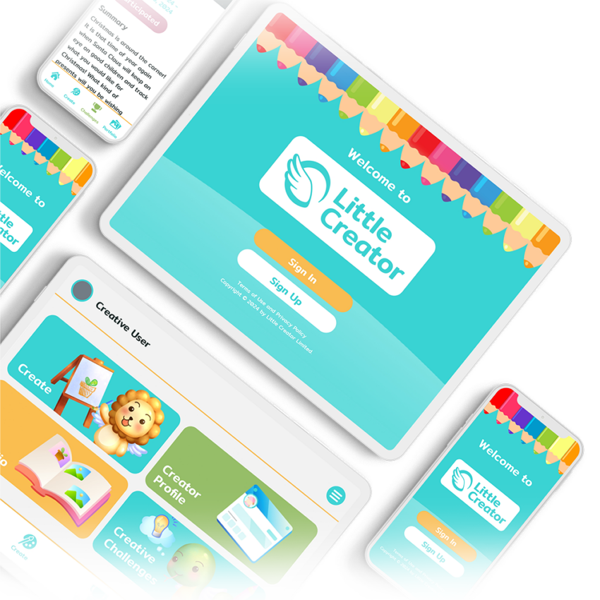 Little Creator app shown across a tablet and phones